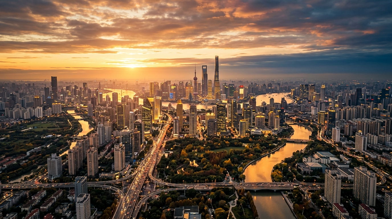Vista aérea cinematográfica de uma cidade ao pôr do sol